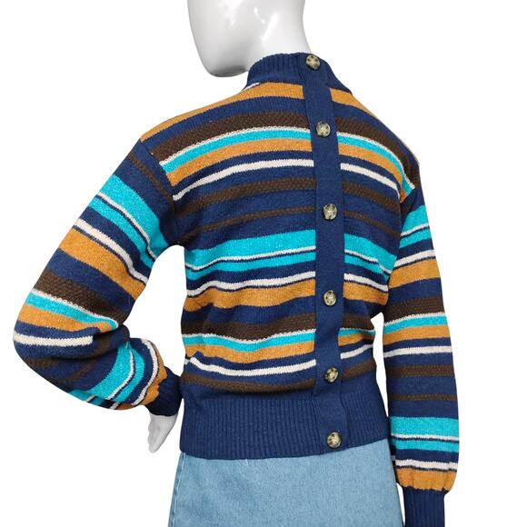 St. John's Bay Mock Neck Sweater Top Size XS Blue and Brown Stripes - Picture 1 of 7